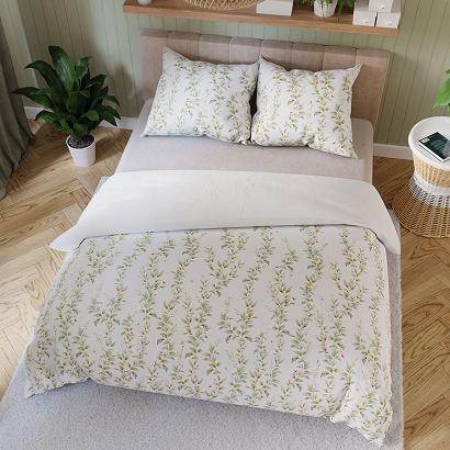 Komplet pościeli RIMA z bawełny satynowej 220x200 biała zielona w kwitnące gałązki