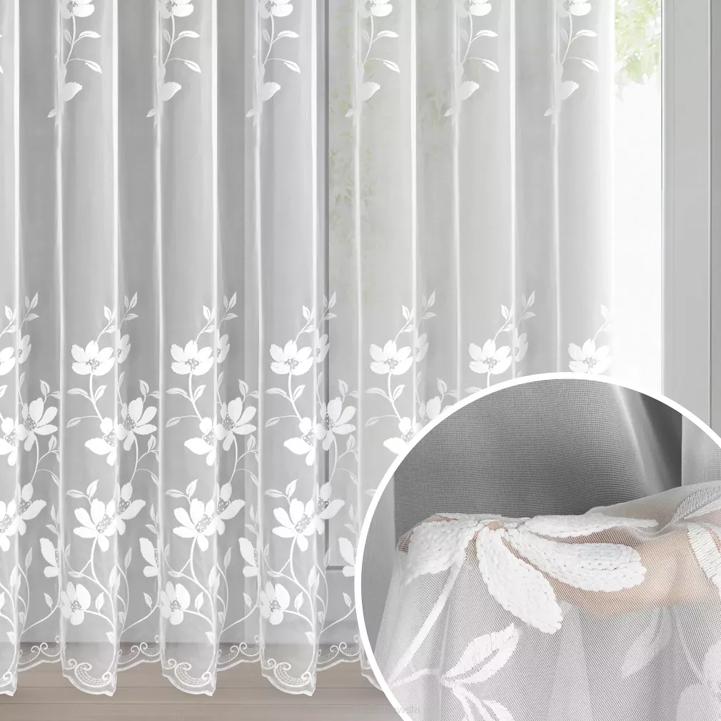 Firana gotowa na przelotkach SANDI 350x250 Eurofirany biała kwiatowy haft