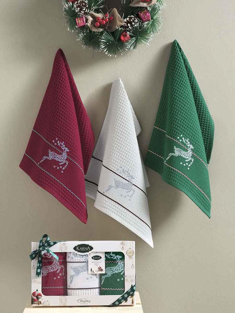 KOMPLET ręczników 3 cz. świąteczny biały zielony bordowy renifer