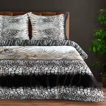 Pościel satynowa 160x200 Eva Minge Eurofirany stalowa beżowa biała cętki + liście