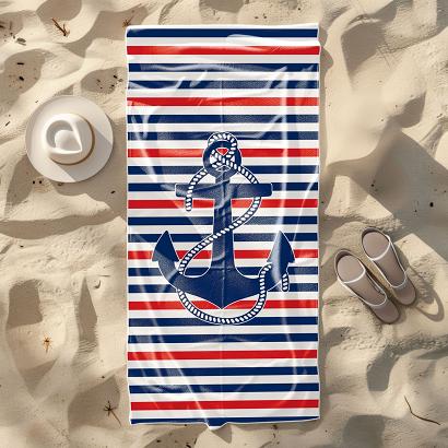 Ręcznik plażowy 100x180 biały granatowy czerwony kotwica