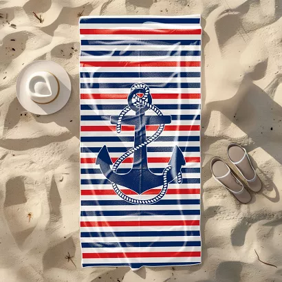 Ręcznik plażowy 100x180 biały granatowy czerwony kotwica