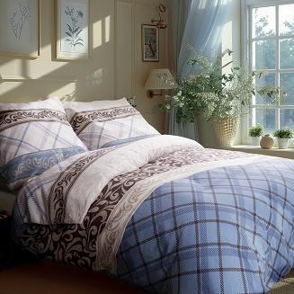 Pościel satyna bawełniana SATYNLOVE 220x200 biała niebieska brązowa klasyczna krata