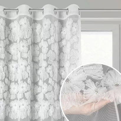 Zasłona gotowa na przelotkach JASMIN 140x250 Eva Minge Eurofirany biała kwiatowa aplikacja perełki na górze