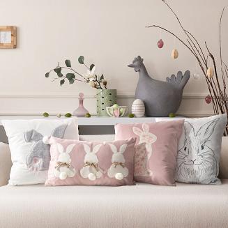 Poszewka dekoracyjna WIOSNA 45x45 Eurofirany biała czarny szkicowany zając królik