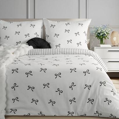 Pościel satynowa RAYA5 220x200 Eurofirany biała czarna kokardki paski