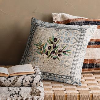 Poszewka dekoracyjna gobelin 45x45 Eurofirany naturalna niebieska oliwki ornamenty