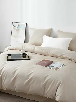 Jasno Beżowa Pościel Queen Premium Satyna Bawełniana 140x200 ze Złotą Lamówką Biza