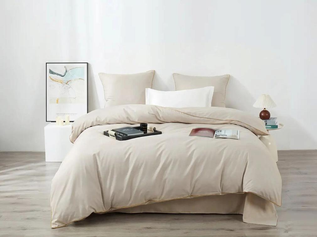 Jasno Beżowa Pościel Queen Premium Satyna Bawełniana 140x200 ze Złotą Lamówką Biza