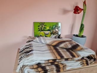 Koc wełniany z frędzlami 100% WEŁNA brązowo-musztardowa krata 