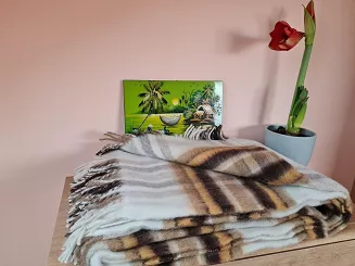 Koc wełniany z frędzlami 100% WEŁNA brązowo-musztardowa krata 