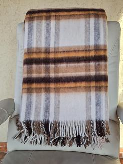 Koc wełniany z frędzlami 100% WEŁNA brązowo-musztardowa krata 