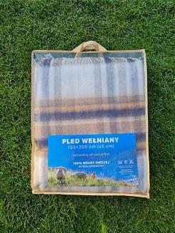 Koc wełniany z frędzlami 100% WEŁNA brązowo-musztardowa krata 