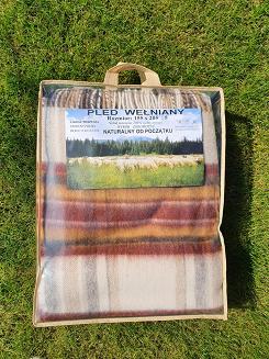 Koc wełniany z frędzlami 100% WEŁNA brązowo-ruda krata 