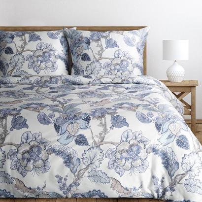 Pościel satynowa PREMIUM34 220x200 Eurofirany biała granatowa stylizowane kwiaty