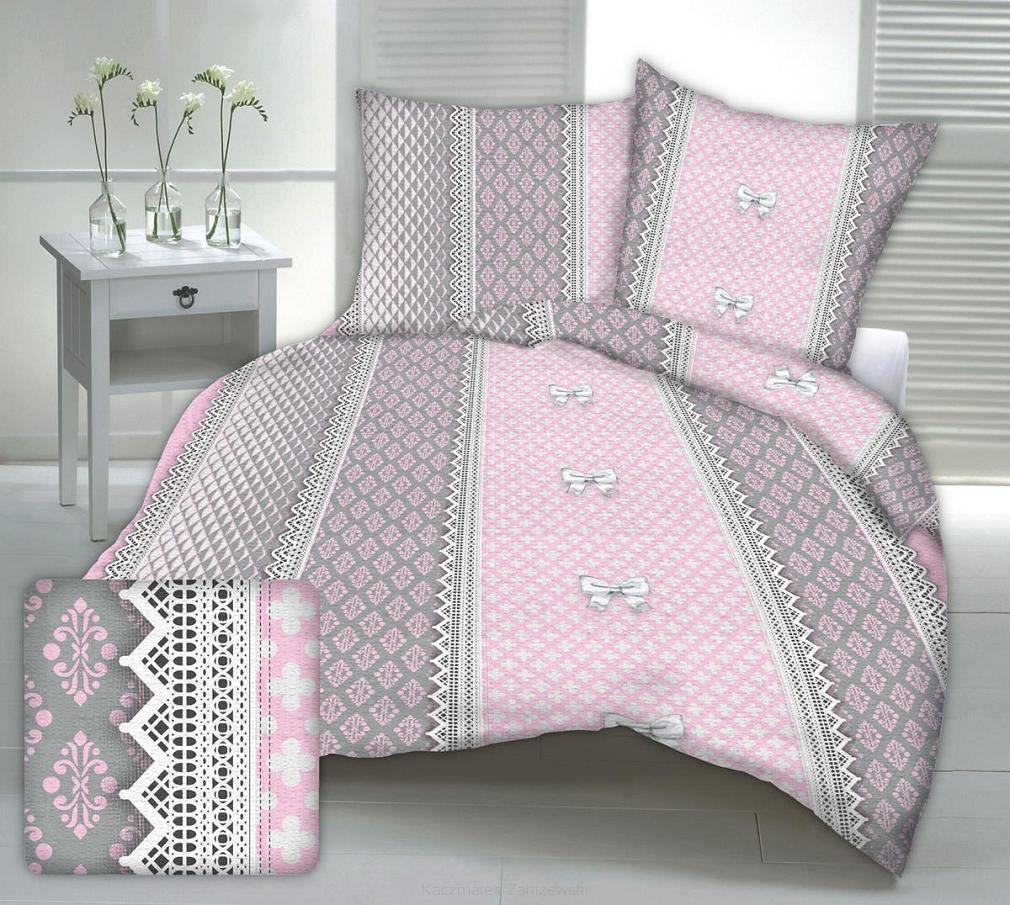 Pościel z kory 140x200 wzór różowo-szara koronka z kokardami