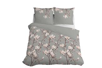 Pościel satynowa 160x200 Detexpol szara fioletowa kwitnące magnolie