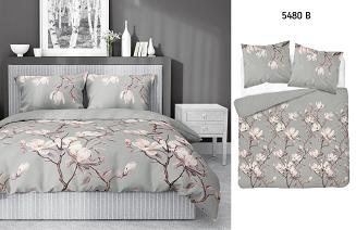 Pościel satynowa 160x200 Detexpol szara fioletowa kwitnące magnolie