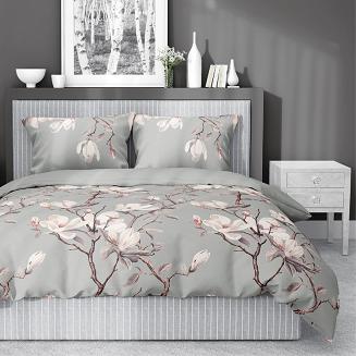 Pościel satynowa 160x200 Detexpol szara fioletowa kwitnące magnolie