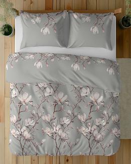 Pościel satynowa 160x200 Detexpol szara fioletowa kwitnące magnolie