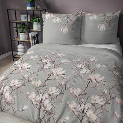 Pościel satynowa 160x200 Detexpol szara fioletowa kwitnące magnolie