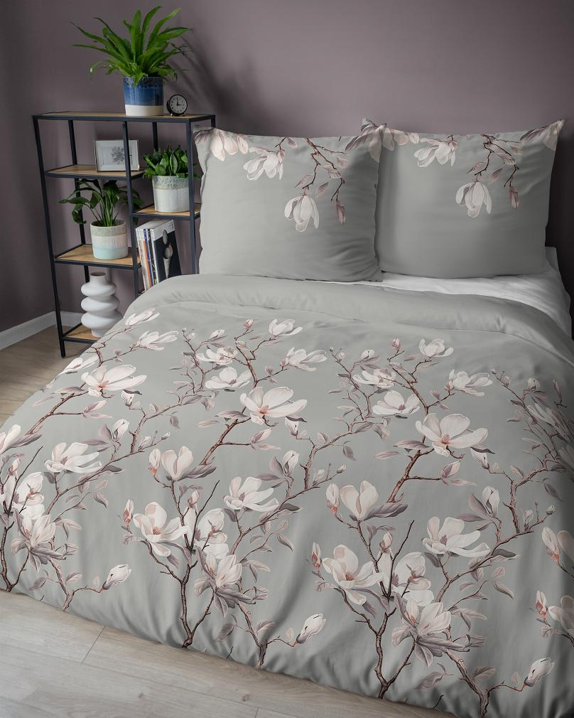Pościel satynowa 160x200 Detexpol szara fioletowa kwitnące magnolie