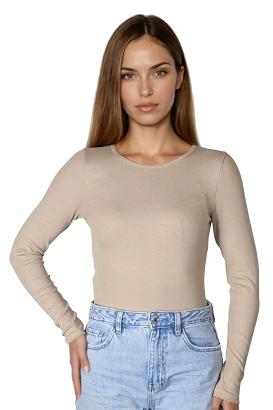 Prążkowana koszulka damska z wiskozy z długim rękawem Irma cappucino