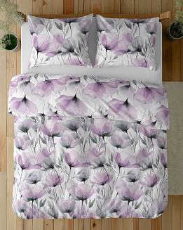 Pościel bawełniana 160x200 Detexpol biała różowe szare maki