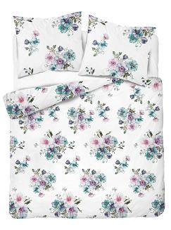Pościel flanelowa 160x200 biała turkusowe różowe kompozycje kwiatowe