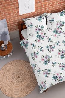 Pościel flanelowa 160x200 biała turkusowe różowe kompozycje kwiatowe