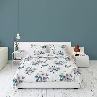 Pościel flanelowa 160x200 biała turkusowe różowe kompozycje kwiatowe