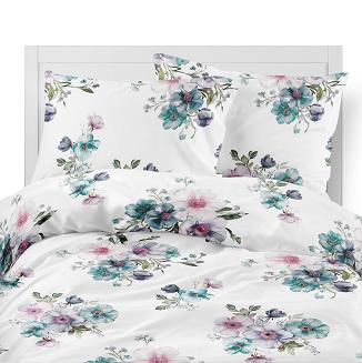 Pościel flanelowa 160x200 biała turkusowe różowe kompozycje kwiatowe