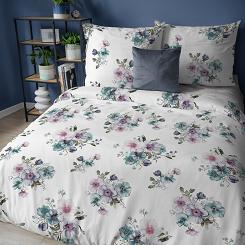 Pościel flanelowa 160x200 biała turkusowe różowe kompozycje kwiatowe