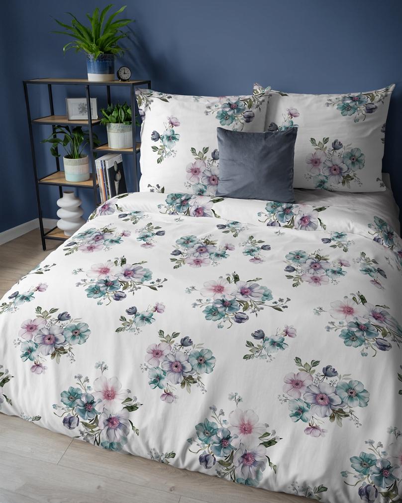 Pościel flanelowa 160x200 biała turkusowe różowe kompozycje kwiatowe
