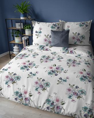 Pościel flanelowa 160x200 biała turkusowe różowe kompozycje kwiatowe