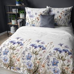 Pościel satynowa 160x200 Detexpol biała niebieska kwiatowa łąka