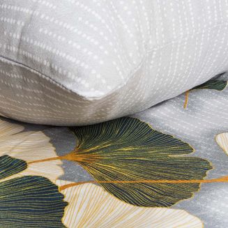 Pościel flanelowa FLANELOVE 180x200 liście miłorzębu na jasnoszarym tle