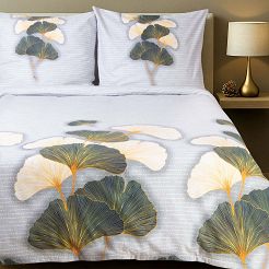 Pościel flanelowa FLANELOVE 180x200 liście miłorzębu na jasnoszarym tle