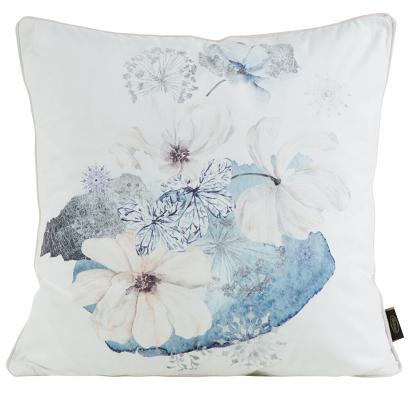 Poszewka dekoracyjna VELVET 45x45 Eurofirany kremowa niebieska kwiaty