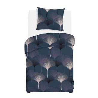 Pościel satyna bawełniana SATYNLOVE 140x200 ciemnoniebieska w liście miłorzębu