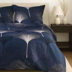 Pościel satyna bawełniana SATYNLOVE 140x200 ciemnoniebieska w liście miłorzębu