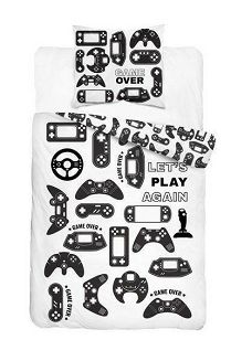 Pościel dla dzieci 140x200 młodzieżowa biała czarna gamepad