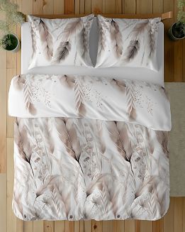 Pościel satynowa 220x200 Detexpol biała beżowe kłosy zbóż