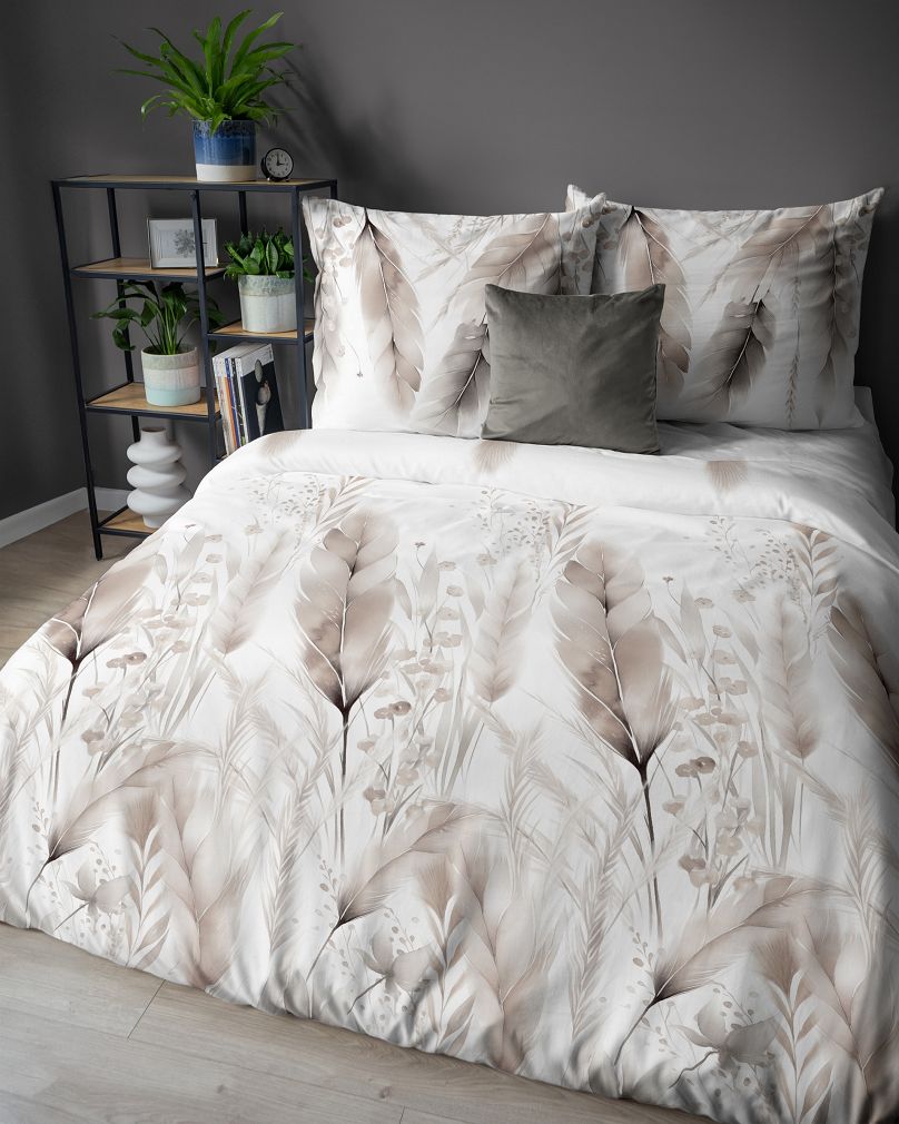 Pościel satynowa 220x200 Detexpol biała beżowe kłosy zbóż