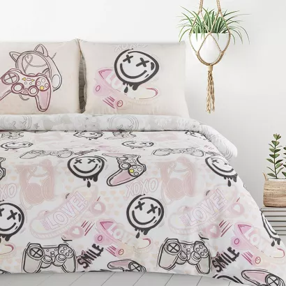 Pościel bawełniana KID 140x200 Design91 biała różowa czarna skater gamer girl