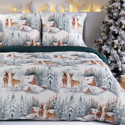 Komplet pościeli świąteczny FAIRYLAND 220x200 Eurofirany biały zielony zimowy las jelenie