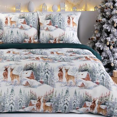 Komplet pościeli świąteczny FAIRYLAND 220x200 Eurofirany biały zielony zimowy las jelenie