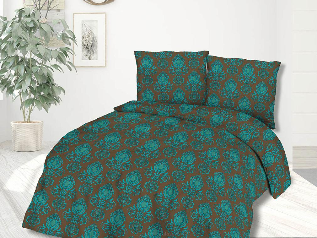 Pościel bawełniana 220x200 COTTONLOVE brązowa turkusowy ornament