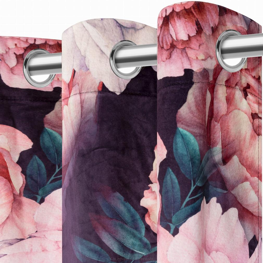 Zasłona gotowa na przelotkach Peony Dark 140x250 welurowa kwiaty peonie