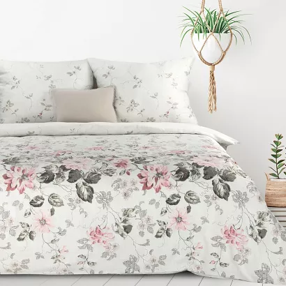 Pościel bawełniana LEA 160x200 Design91 biała szara różowa kwiaty